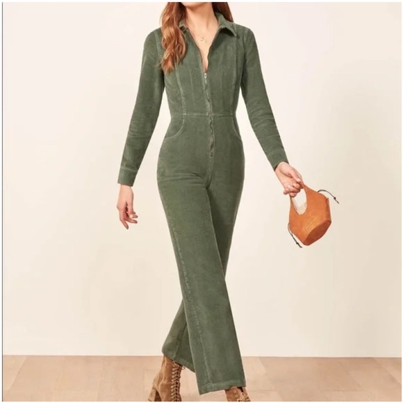 REFORMATION AARON GREEN CORDUROY COLLARED LONG SLEEVE ZIP UP JUMPSUIT - Picture 15 of 16